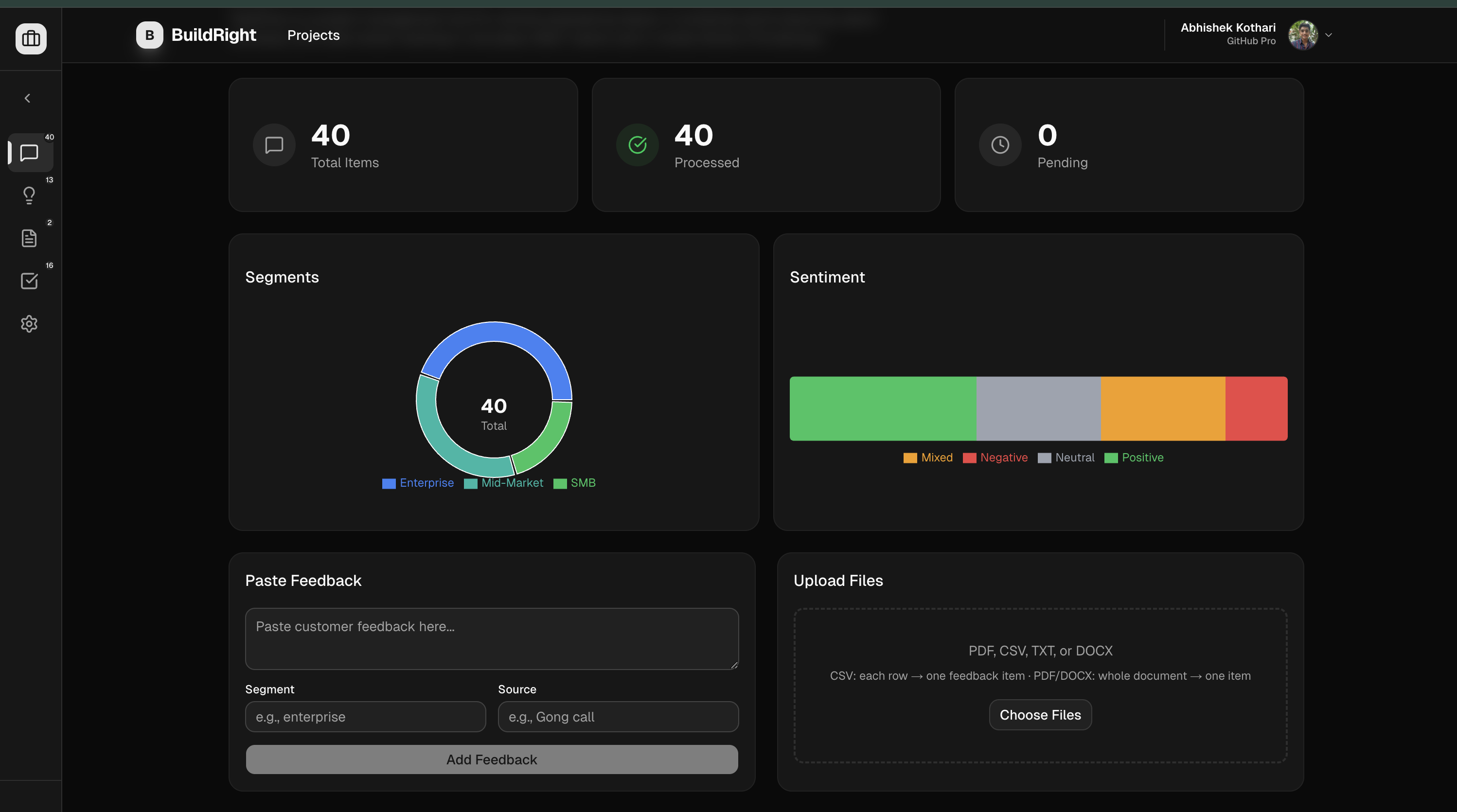 Feedback ingestion screen showing uploaded customer responses